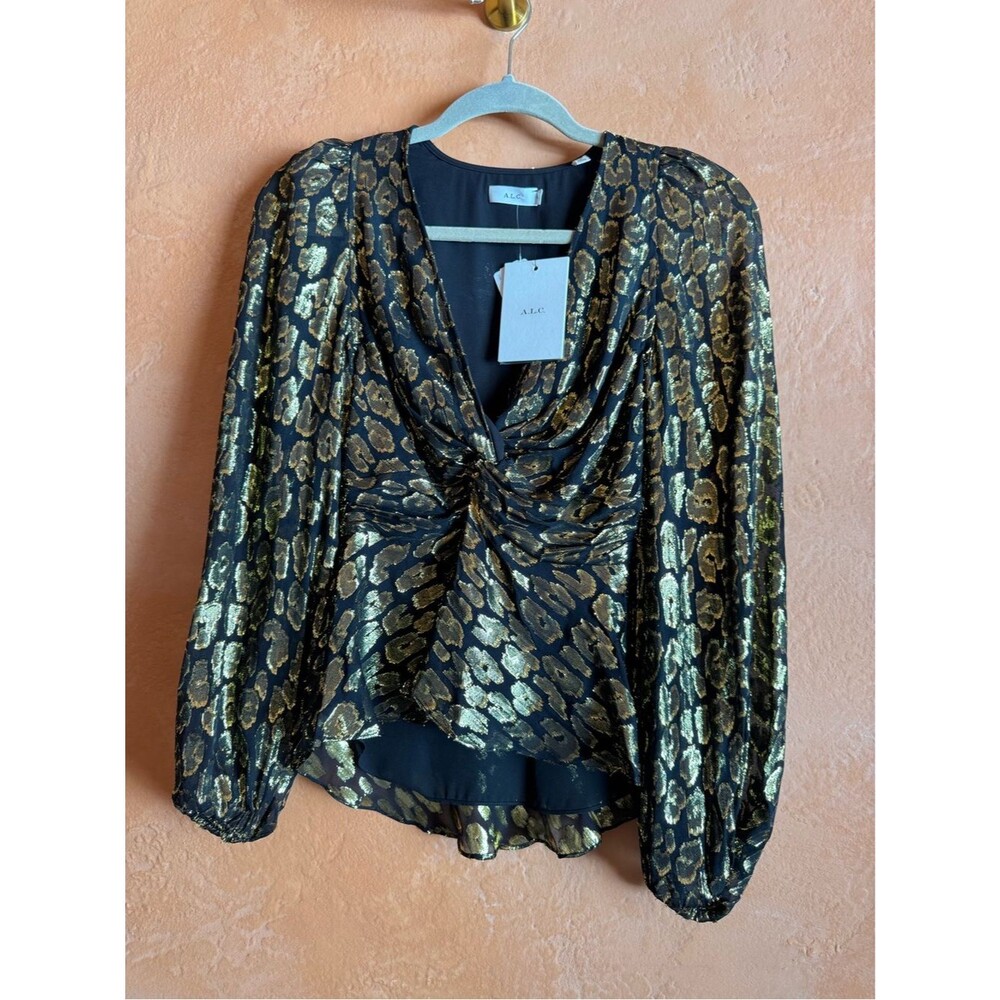 A.L.C. Metallic Leopard Twist Front Silk Blend Top NWT 2